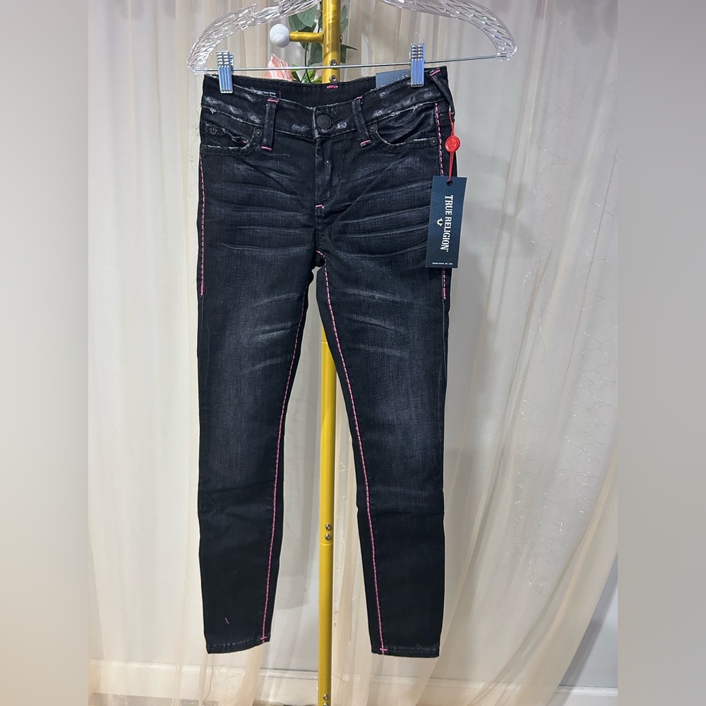 True Religion Women's Black Skinny Jeans with Pink Trim